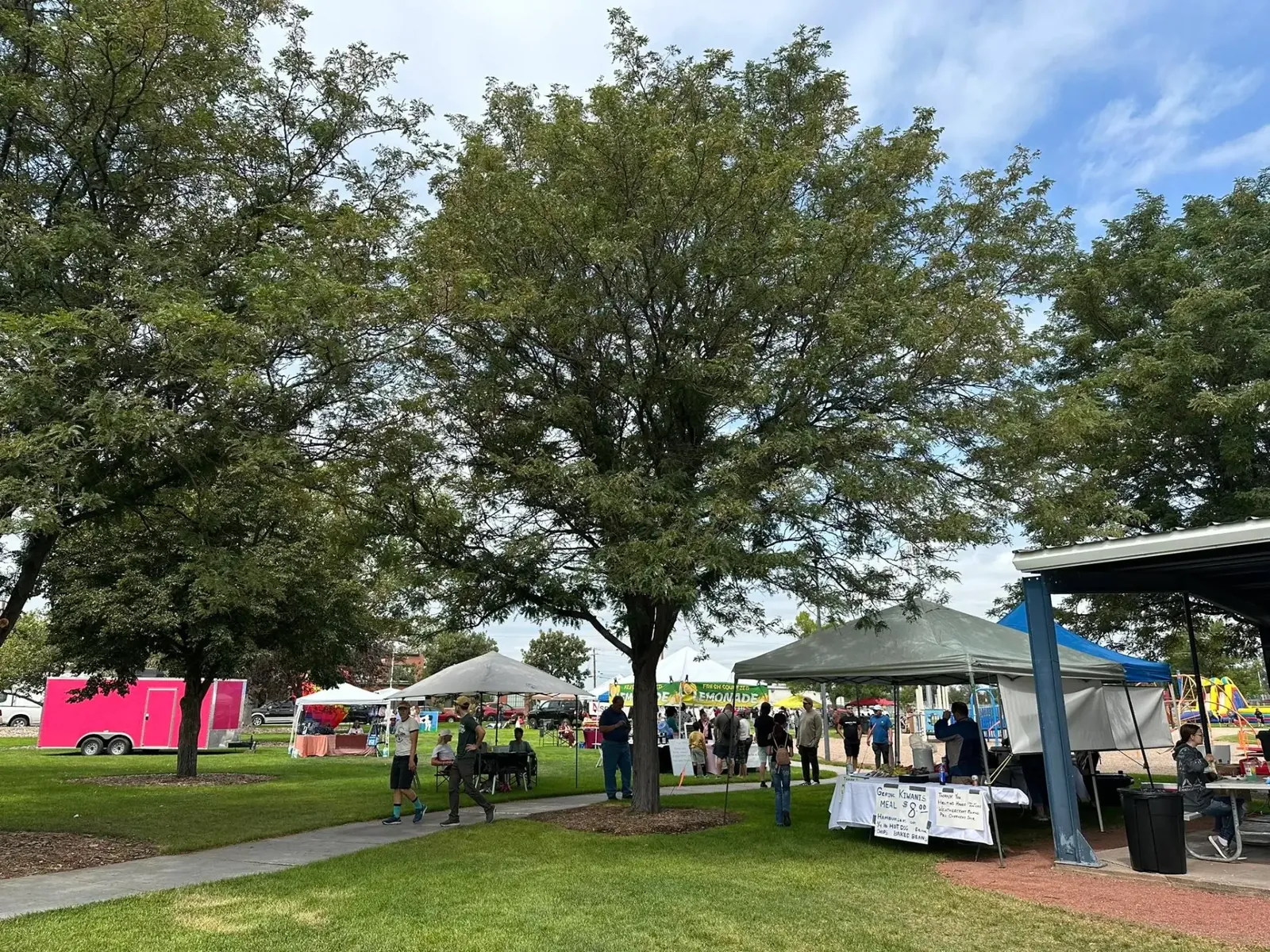 Community market with food vendors and visitors beneath trees