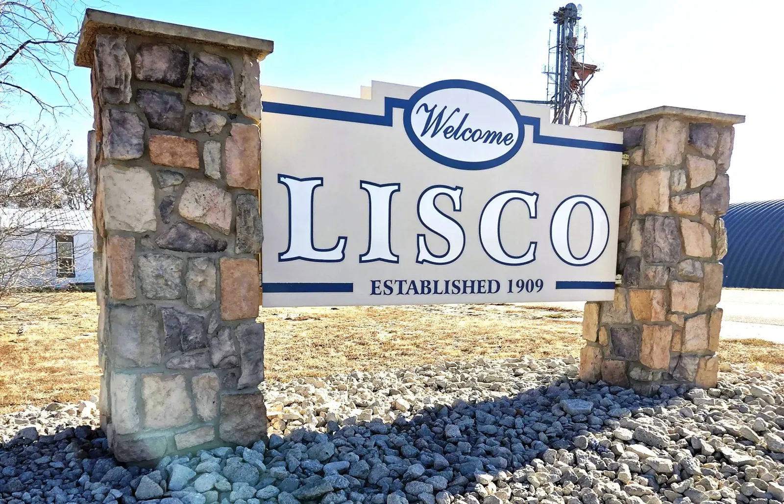 Stone welcome sign for Lisco, established 1909